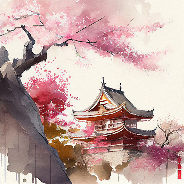 Papel pintado o fotomural acuarela paisaje japonés con templo
